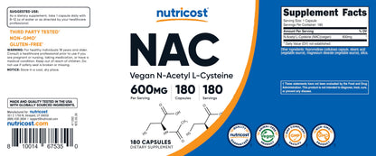 Nutricost N-Acetyl L-Cysteine (NAC) 600mg, 180 Capsules | GMO-Free And Gluten Free