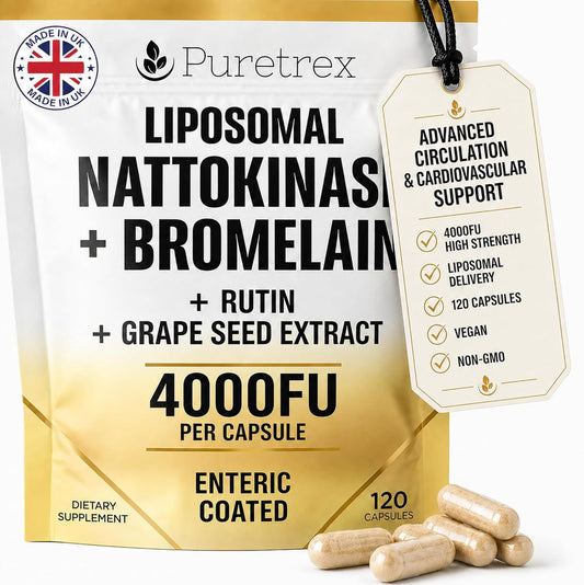 Nattokinase Supplement 4000 FU Liposomal Enteric Coated Capsules, Bromelain 1200 GDU, Rutin, Grape Seed Extract, BioPerine, Heart Health & Blood Circulation Formula for Men & Women, 120 Count