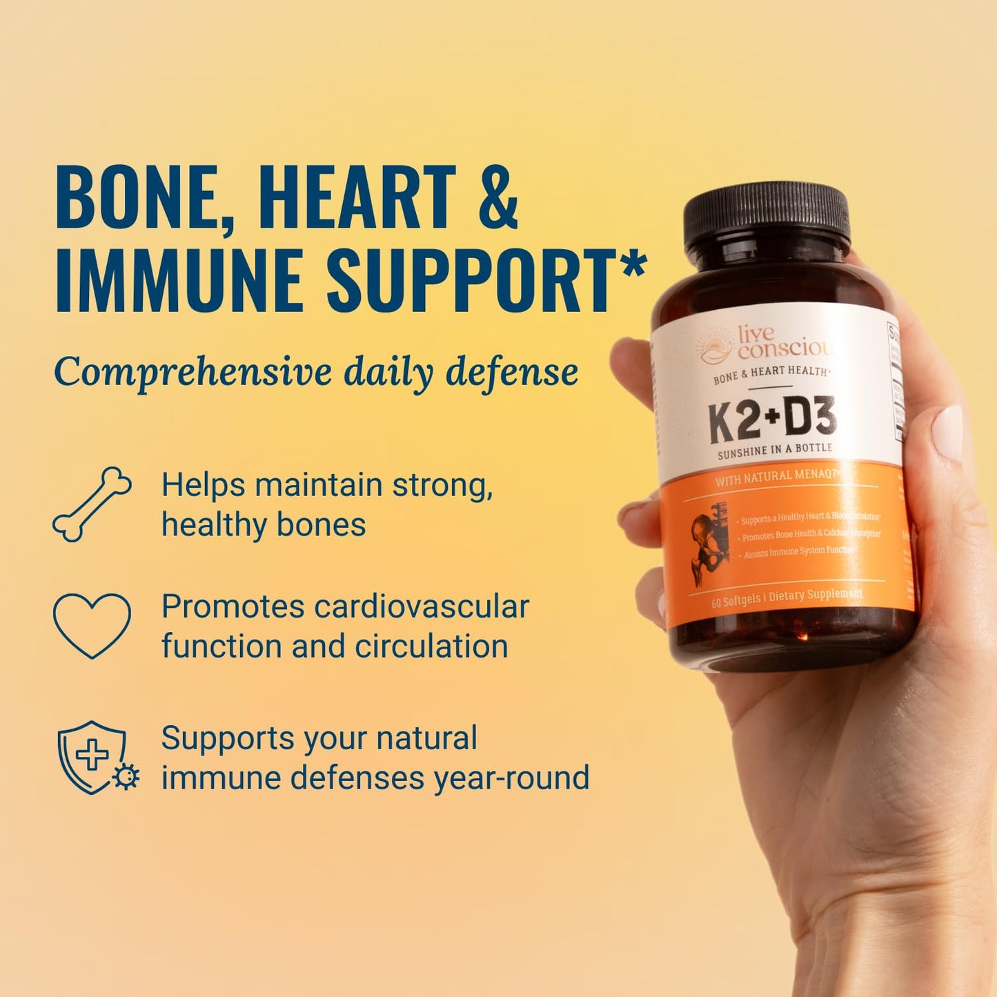 Live Conscious Vitamin K2 MK7 with D3 Supplement | Bone & Heart Health Support - Patented Vitamin K & Vitamin D3 5000 IU - 60 Softgels