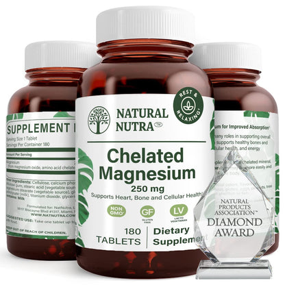 Natural Nutra Chelated Magnesium Oxide 250mg- High Absorption for Strong Bones, Heart Health, Improves Dental Health, Energy Boost, Gluten-Free, Non-GMO, 90Tablets in BPA-Free Recyclable Glass Bottles