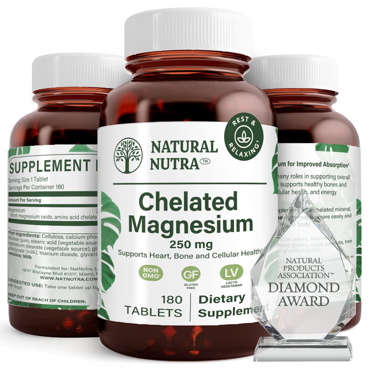 Natural Nutra Chelated Magnesium Oxide 250mg- High Absorption for Strong Bones, Heart Health, Improves Dental Health, Energy Boost, Gluten-Free, Non-GMO, 90Tablets in BPA-Free Recyclable Glass Bottles