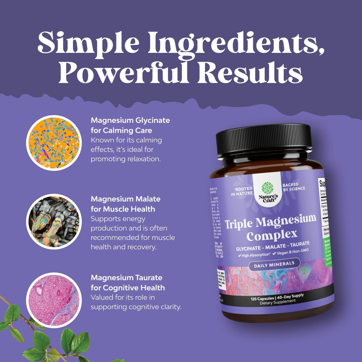 Triple Magnesium Complex Supplement - High Absorption Magnesium Glycinate, Malate & Taurate Blend for Muscles Energy Support & Heart Health - Triple Mg Complex 400 mg Capsules - 180 Count