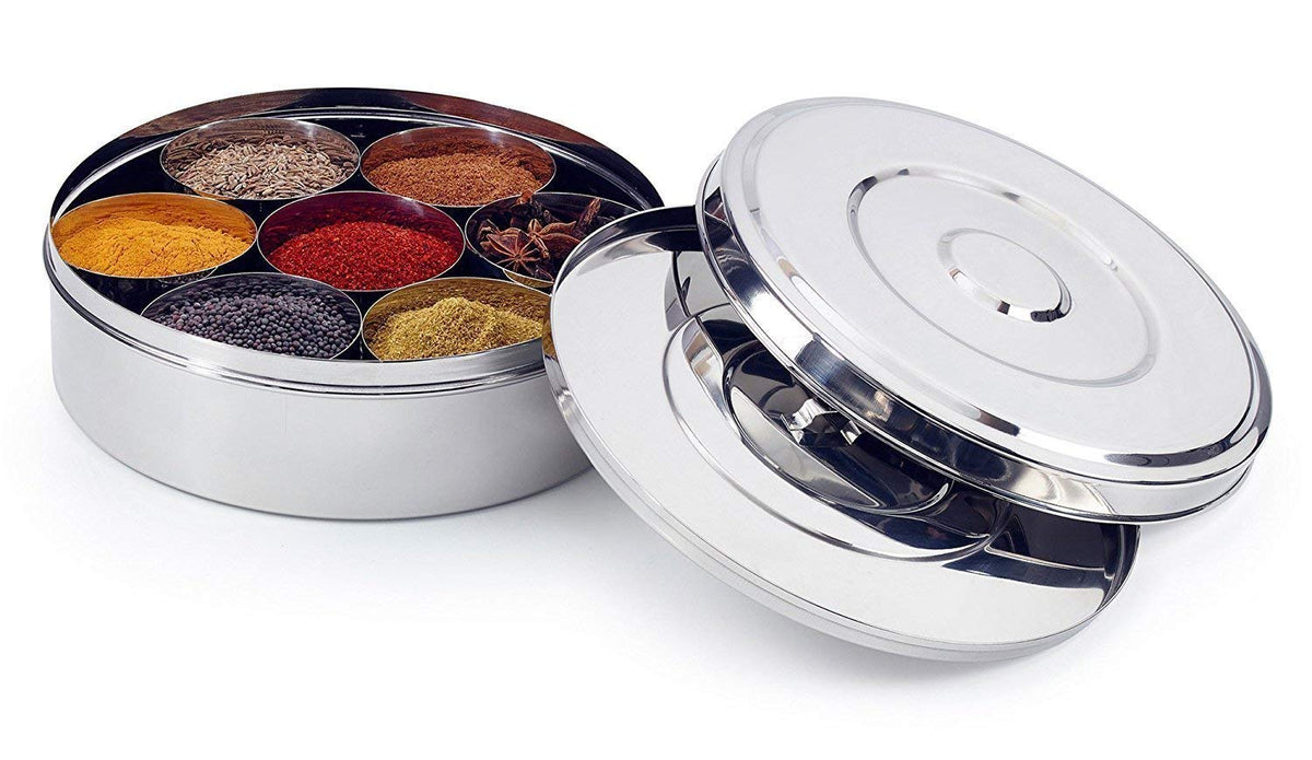 IndiaBigShop Stainless steel Spice box Kitchen Masala Dabba 7 Container Double Lid 