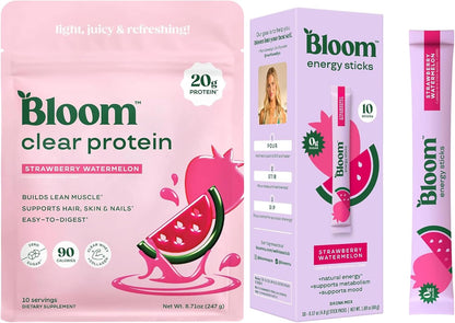 Bloom Strawberry Watermelon Clear Protein and Strawberry Watermelon Energy Packets Bundle