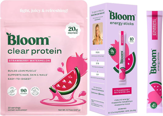 Bloom Strawberry Watermelon Clear Protein and Strawberry Watermelon Energy Packets Bundle