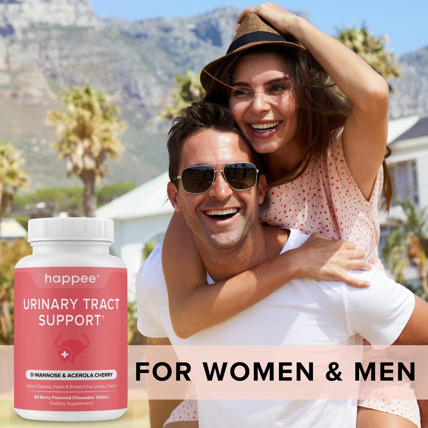 Happee Urinary Tract Health Supplement for Women & Men, Fast-Acting UTI Relief and Prevention, 500mg D-Mannose & Antioxidants, Supports Kidney and Bladder Health, Berry Flavor, 60 Chewables