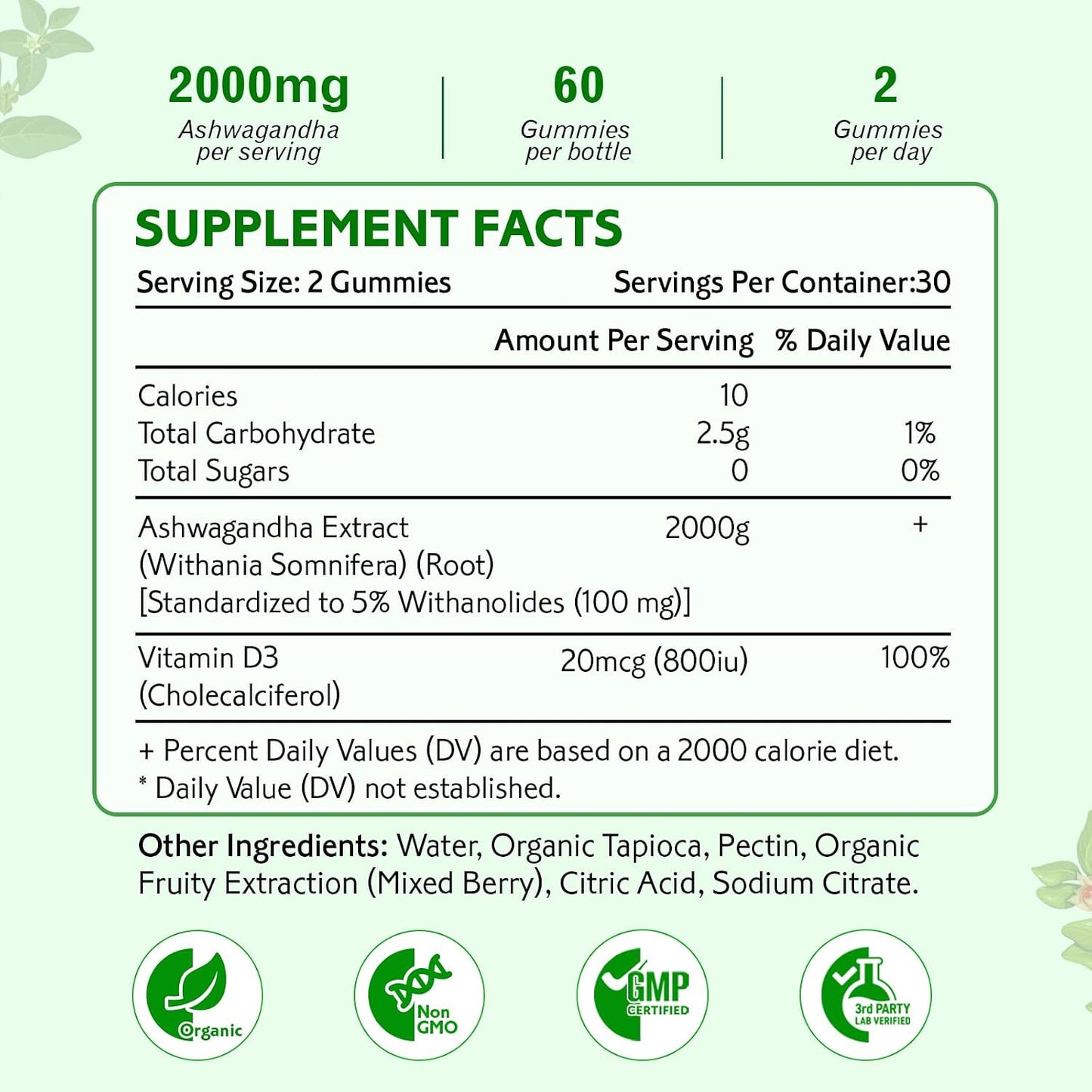 Ashwagandha Gummies, Extra Strength Vitamin D3, Organic Ashwa Root Extract Supplement for Calm Mood Relaxation & Immune Support, Mixed Berry Vegan Sugar Free Chews 60 Count