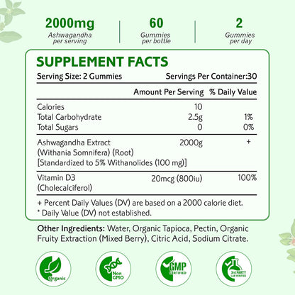 Ashwagandha Gummies, Extra Strength Vitamin D3, Organic Ashwa Root Extract Supplement for Calm Mood Relaxation & Immune Support, Mixed Berry Vegan Sugar Free Chews 60 Count