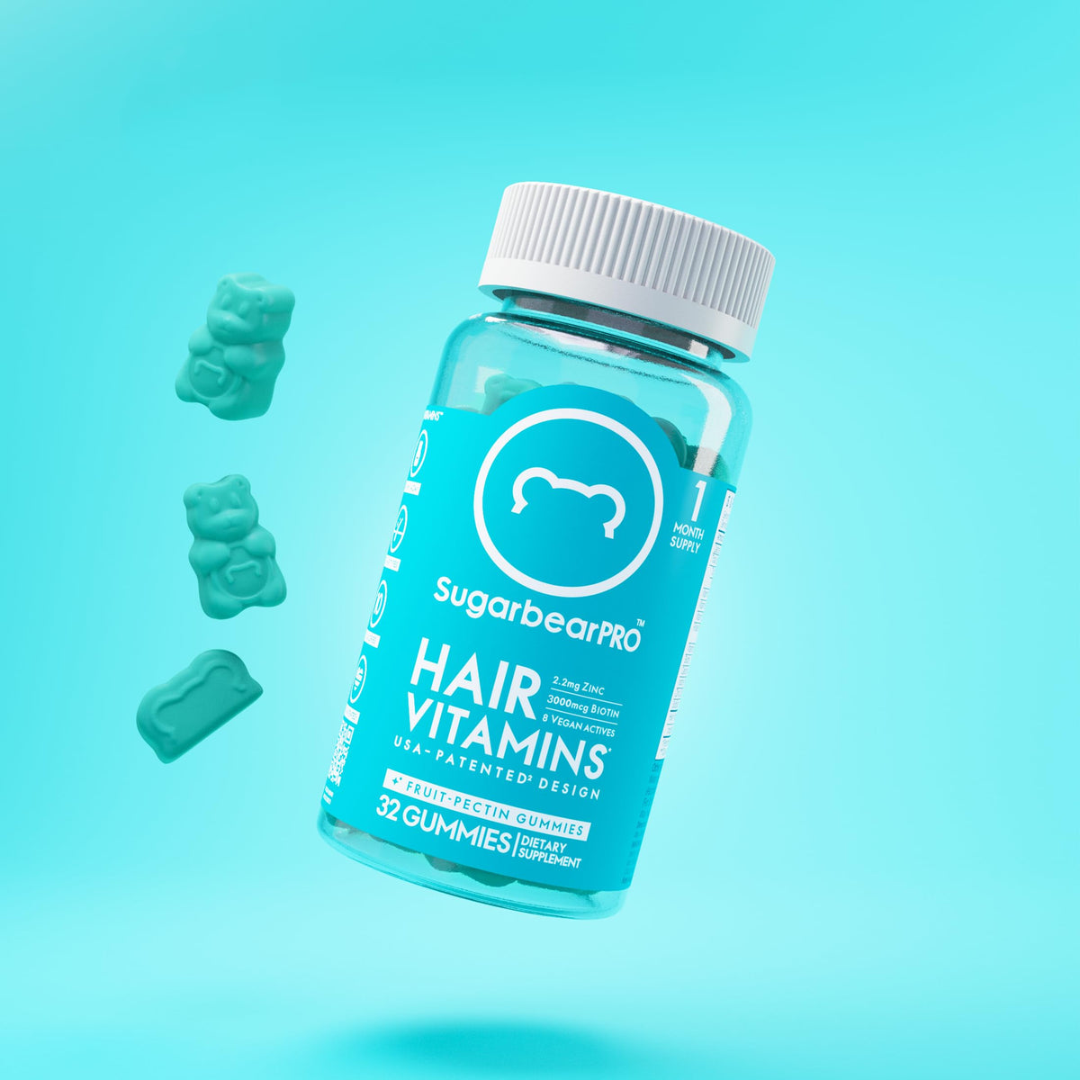 SugarbearPro Hair Vegan Vitamin Gummies for Luscious Hair with Biotin, Vitamin E, Folic
