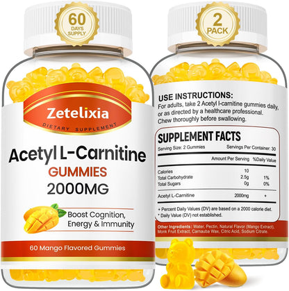 2 Pack Acetyl L-Carnitine Gummies, L-Carnitine Supplement for Women & Men, Nutrition Supplement for Boost Energy, Immunity & Brain Health, Vegan, Non-GMO, Mango Flavor, 120 Count