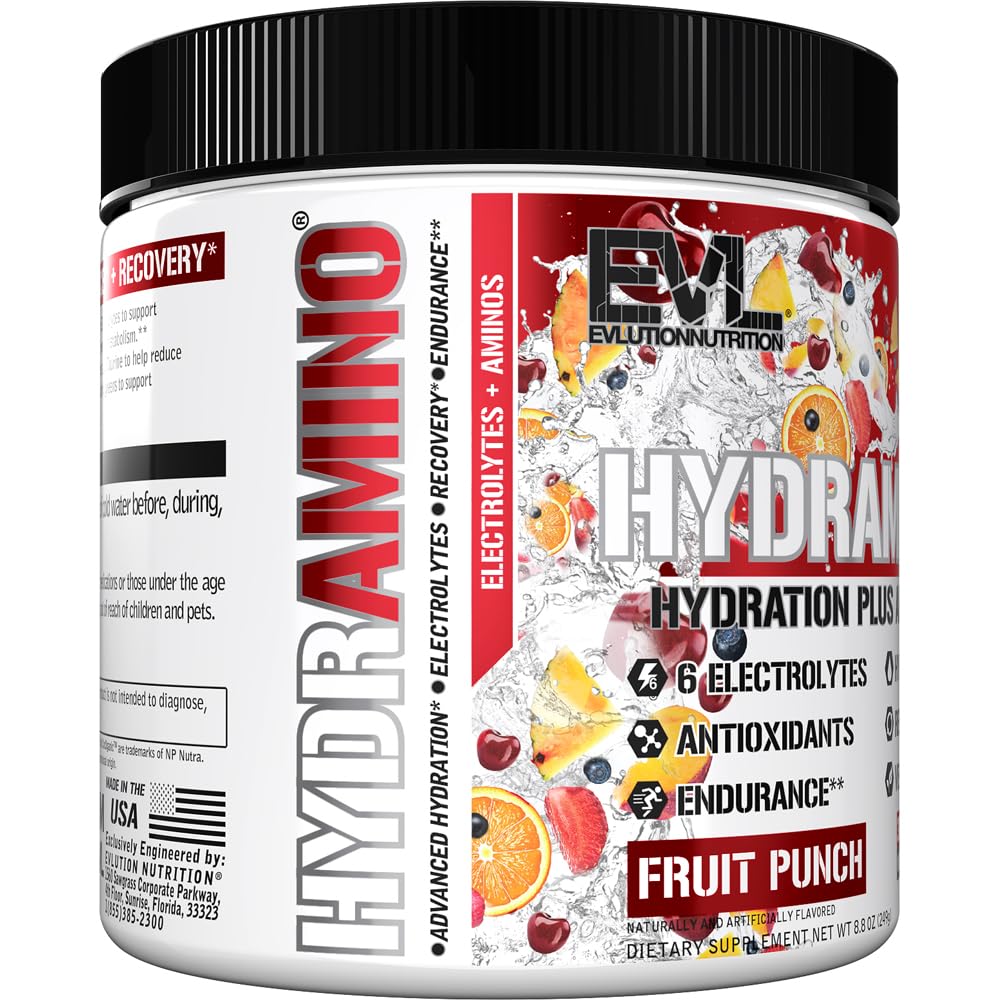 Evlution Nutrition HYDRAMINO Complete Hydration Multiplier, 6 Electrolytes, Vitamin C & B, Fluid Boosting Aminos, Coconut Water, Endurance, Recovery, Antioxidants, 30 Serve, Orange Mango (Dye Free)