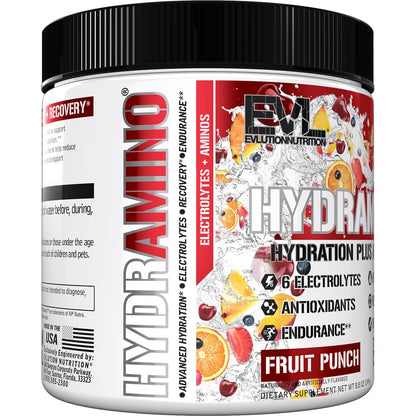 Evlution Nutrition HYDRAMINO Complete Hydration Multiplier, 6 Electrolytes, Vitamin C & B, Fluid Boosting Aminos, Coconut Water, Endurance, Recovery, Antioxidants, 30 Serve, Orange Mango (Dye Free)