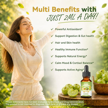 Organic Amla Liquid Drops, Indian Gooseberry Amla Superfruit Extract 1000mg | Advanced 5-in-1 Amla Herbal w. Ashwagandh Turmeric Tulsi for Antioxidant Energy & Digestive Hair Ayurvedic Daily Wellness