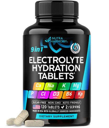 Electrolytes - Electrolyte Tablets with Magnesium, Sodium, Potassium, Chloride, Vitamins D3 & B6, Kelp Powder - Salt Pills - Lab Tested - Oral Tablets as Capsules - Vegan & Keto Friendly - 120 Tabs