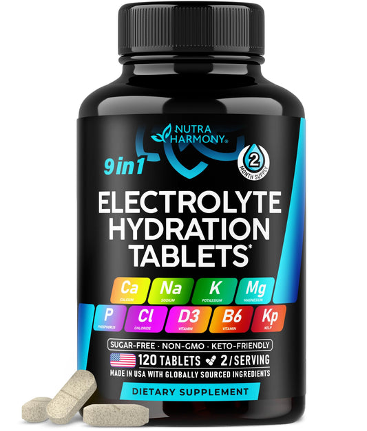 Electrolytes - Electrolyte Tablets with Magnesium, Sodium, Potassium, Chloride, Vitamins D3 & B6, Kelp Powder - Salt Pills - Lab Tested - Oral Tablets as Capsules - Vegan & Keto Friendly - 120 Tabs