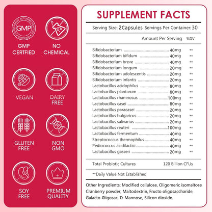 CANLIST Women's Probiotics 120 Billion CFUs 18 Strains 3 Prebiotics & Digestive Enzymes Contains Organic Prebiotic Cranberry Women's Health Digestive & Immune Support Non-GMO, 60 Capsules