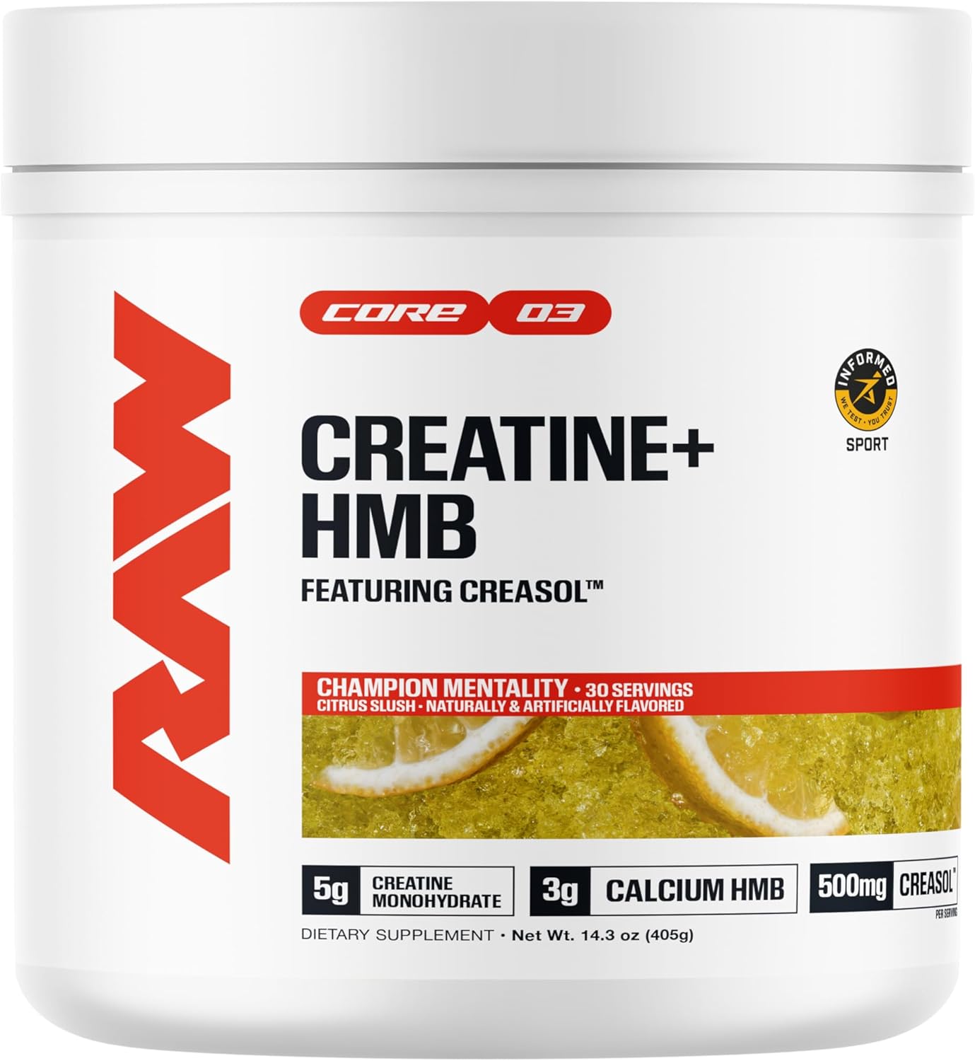 RAW Creatine Plus HMB, Champion Mentality, Creatine HMB Powder - Creatine Monohydrate Powder with 3G HMB, Taurine & No Added Sugar, Muscle Mass Growth, Strength Building & Enhanced Energy, 30 Servings