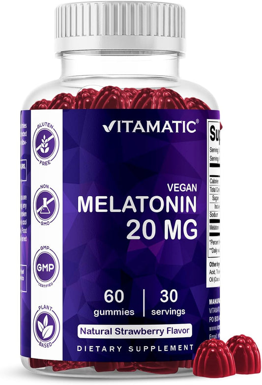 Vitamatic Melatonin 20 mg Gummies, Vegan, Strawberry, 60 Count | 20 mg Melatonin Per Serving, Promotes Relaxation & Sleep Support*, Plant-Based, Gluten Free, Non-GMO