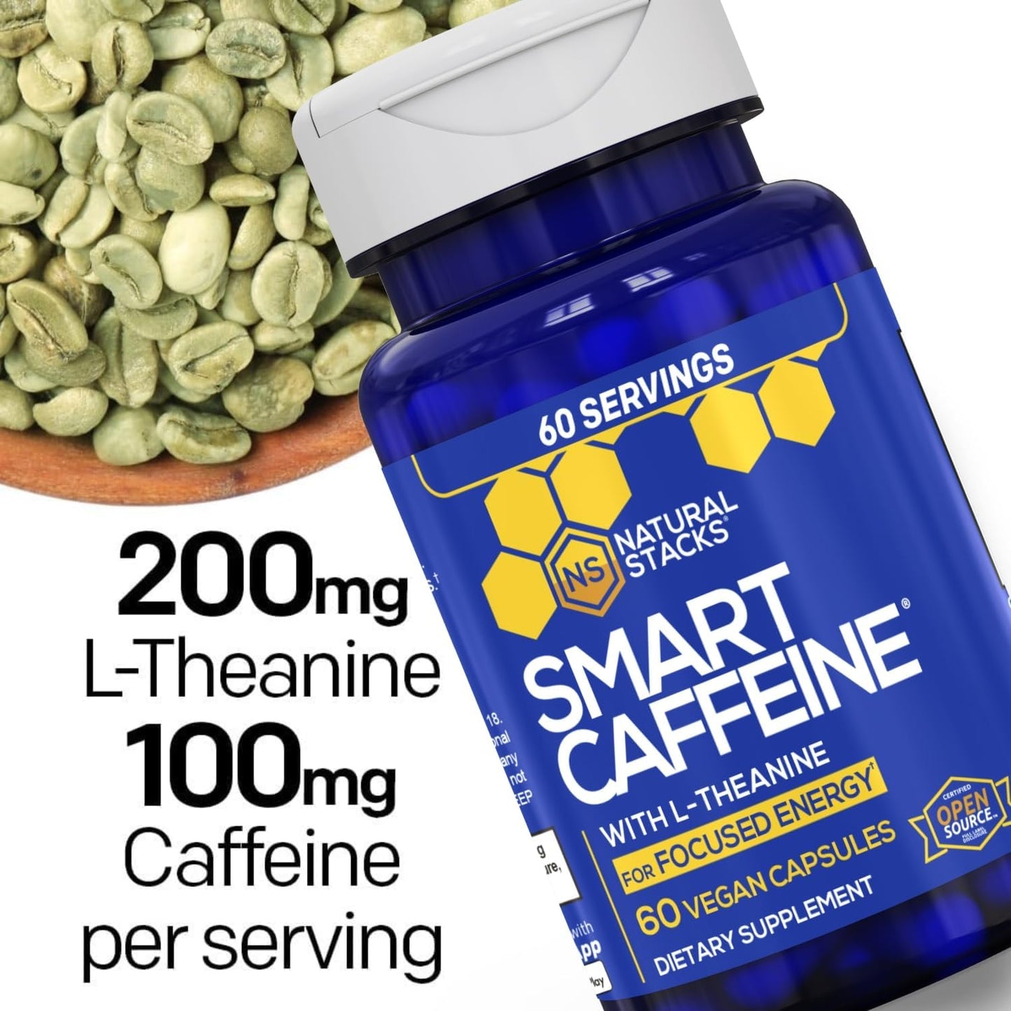 Smart Caffeine Pills w/ L-Theanine 200mg, Energy & Focus Support - 60 Count | 100mg Caffeine Per Serving - No crash or Jitters - Non-GMO & Gluten Free - Natural Stacks