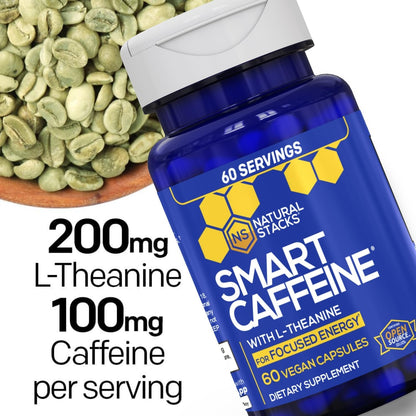 Smart Caffeine Pills w/ L-Theanine 200mg, Energy & Focus Support - 60 Count | 100mg Caffeine Per Serving - No crash or Jitters - Non-GMO & Gluten Free - Natural Stacks