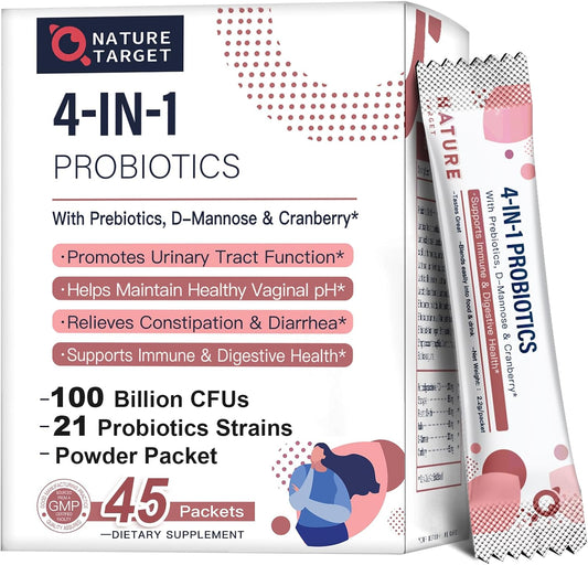 NATURE TARGET Women's Probiotics Powder, 100 Billion CFU, 45 Servings | Prebiotics, D-Mannose And Cranberry, Supports Urinary Tract, Gut, And Digestive Health For Women, Light Cranberry Flavor