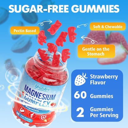 Magnesium Complex Gummies 400mg - 8 Forms for Muscle & Calm Support | Glycinate, Malate, Citrate, Taurate & 4 more for Women and Men, Sugar-free, Vegan, Strawberry Flavor, 60 Count