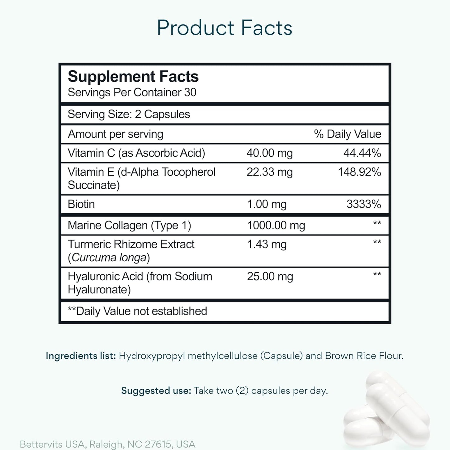 Bettervits Collagen Peptides Complex with Hyaluronic Acid & Turmeric | Hydrolyzed Marine Collagen Supplements for Women & Men | Collagen with Vitamin C for Skin, Hair, Nails & Joints – 60 Capsules