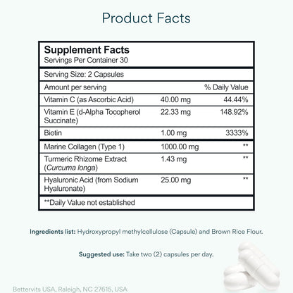 Bettervits Collagen Peptides Complex with Hyaluronic Acid & Turmeric | Hydrolyzed Marine Collagen Supplements for Women & Men | Collagen with Vitamin C for Skin, Hair, Nails & Joints – 60 Capsules