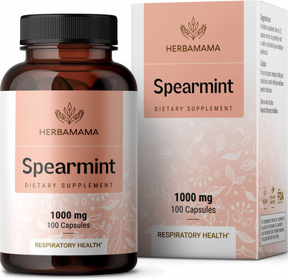 Spearmint 100 Capsules - 1000 mg - Organic Mentha Spicata Dietary Daily Supplement 