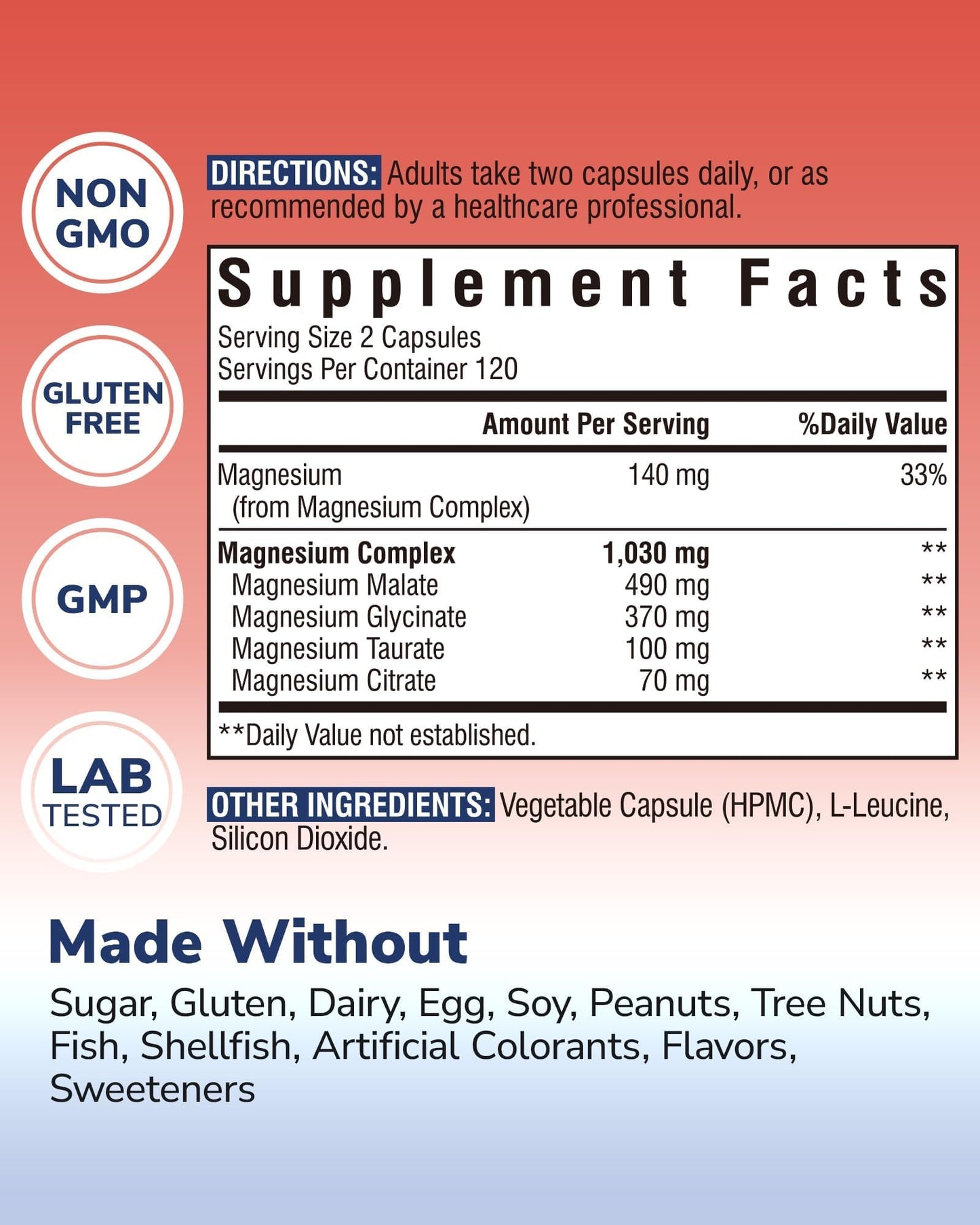 Vitalibre Magnesium Complex Supplement, 4 in 1 Maximized Absorption Chelated Magnesium Glycinate Malate, Taurate & Citrate, Non-Buffered, Bone, Heart, Nerve & Immune Support, 120 Vegan Capsules