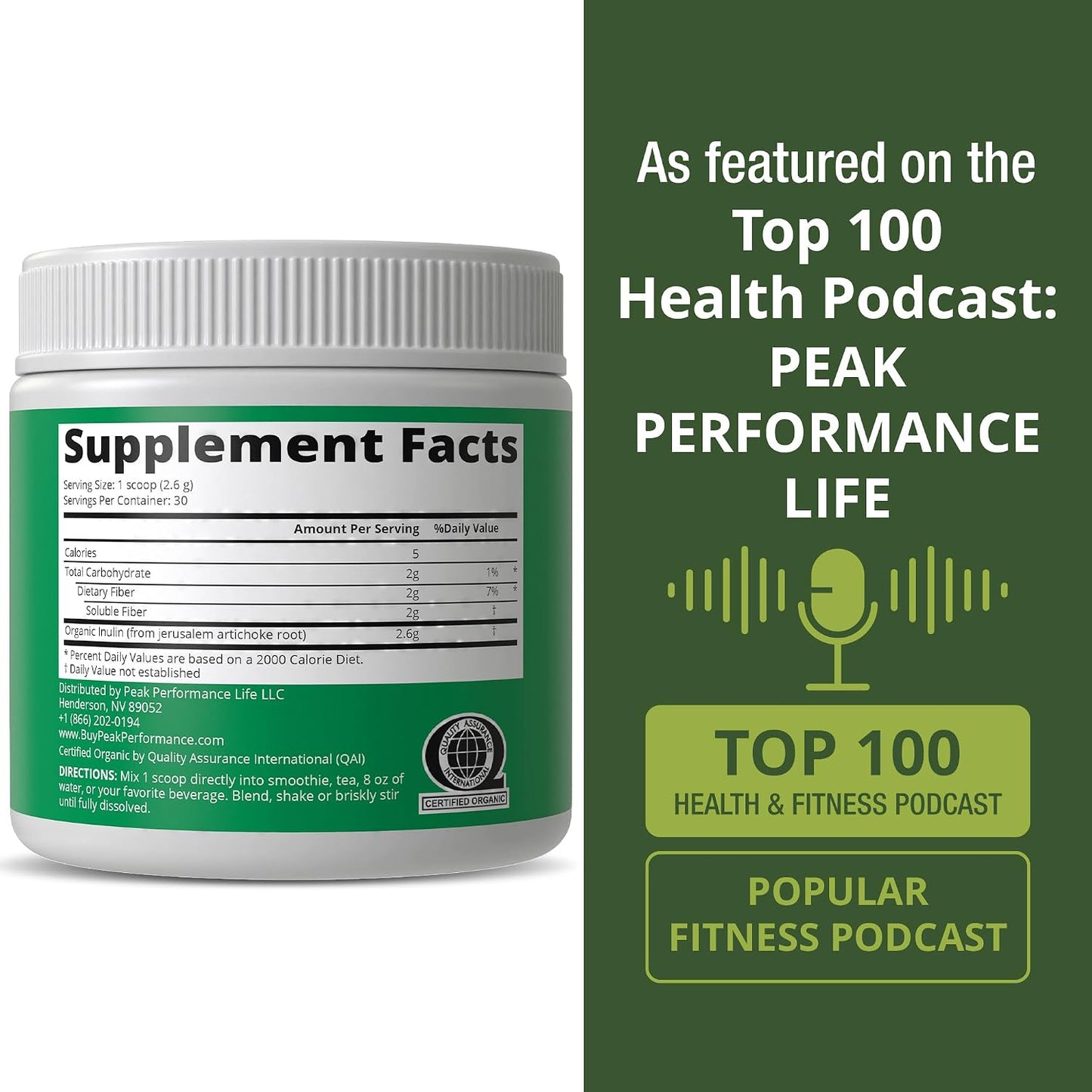 Peak Performance Organic Inulin Powder Natural Prebiotic Fiber for Gut Health. USDA Organic Raw Plant Based Vegan Prebiotics FOS Supplement from Jerusalem Artichoke