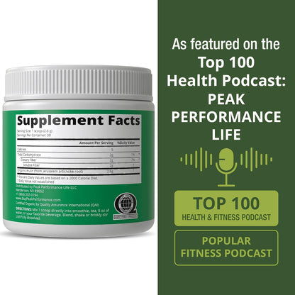 Peak Performance Organic Inulin Powder Natural Prebiotic Fiber for Gut Health. USDA Organic Raw Plant Based Vegan Prebiotics FOS Supplement from Jerusalem Artichoke