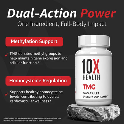 10X Health Tmg Supplements - 60 Capsules | Trimethylglycine: Betaine Anhydrous, Liver & Heart Support, Non-GMO & Gluten-Free