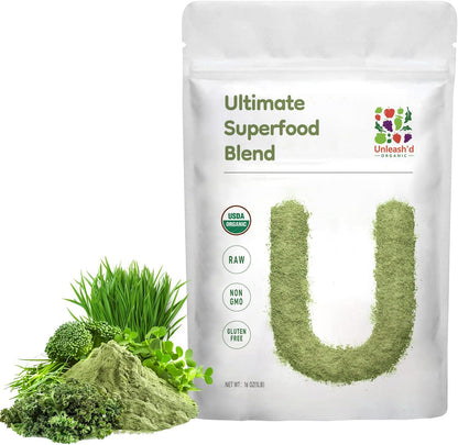 UNLEASH'D ORGANIC Organic Ultimate Superfood Powder 1 lb – 100% Natural Green Food, Rich in Antioxidants & Multivitamins
