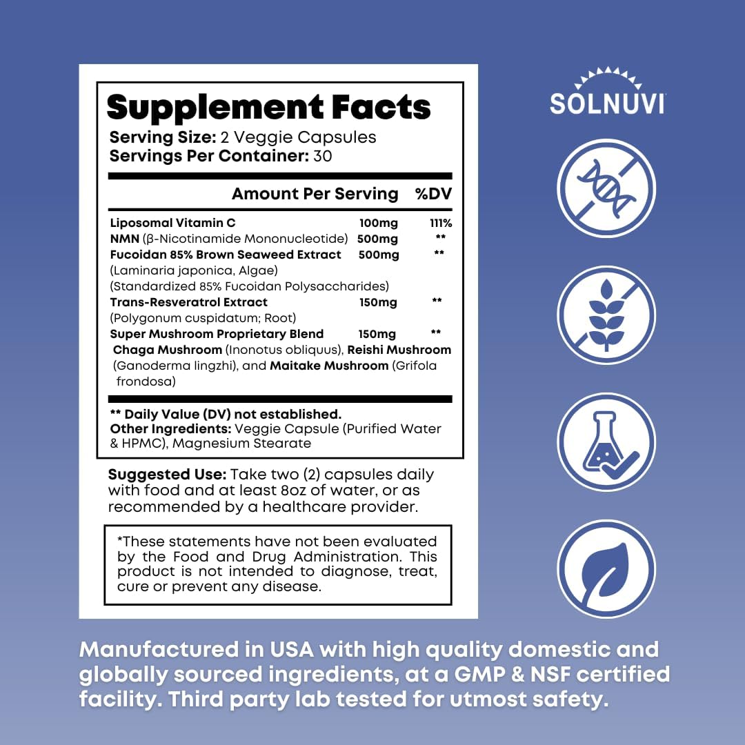 NMN 500mg & Fucoidan with Trans Resveratrol, Liposomal Vitamin C, Chaga, Reishi, Maitake Mushroom Extract - NAD+, Mitochondrial, Healthy Aging Support - 60 Capsules, Non GMO, Gluten Free Supplement