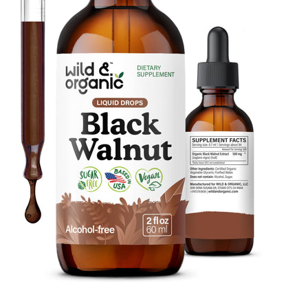 Wild & Organic Black Walnut Hull Tincture - Cleanse & Gut Support - Black Walnut Extract Supplement - Fast Absorption Liquid Drops - Add to Tea & Mix with Powder - Without Alcohol & Sugar - 4 fl oz
