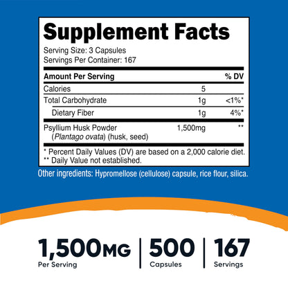Nutricost Psyllium Husk 1500mg Per Serving, 500 Capsules - Non-GMO & Gluten Free