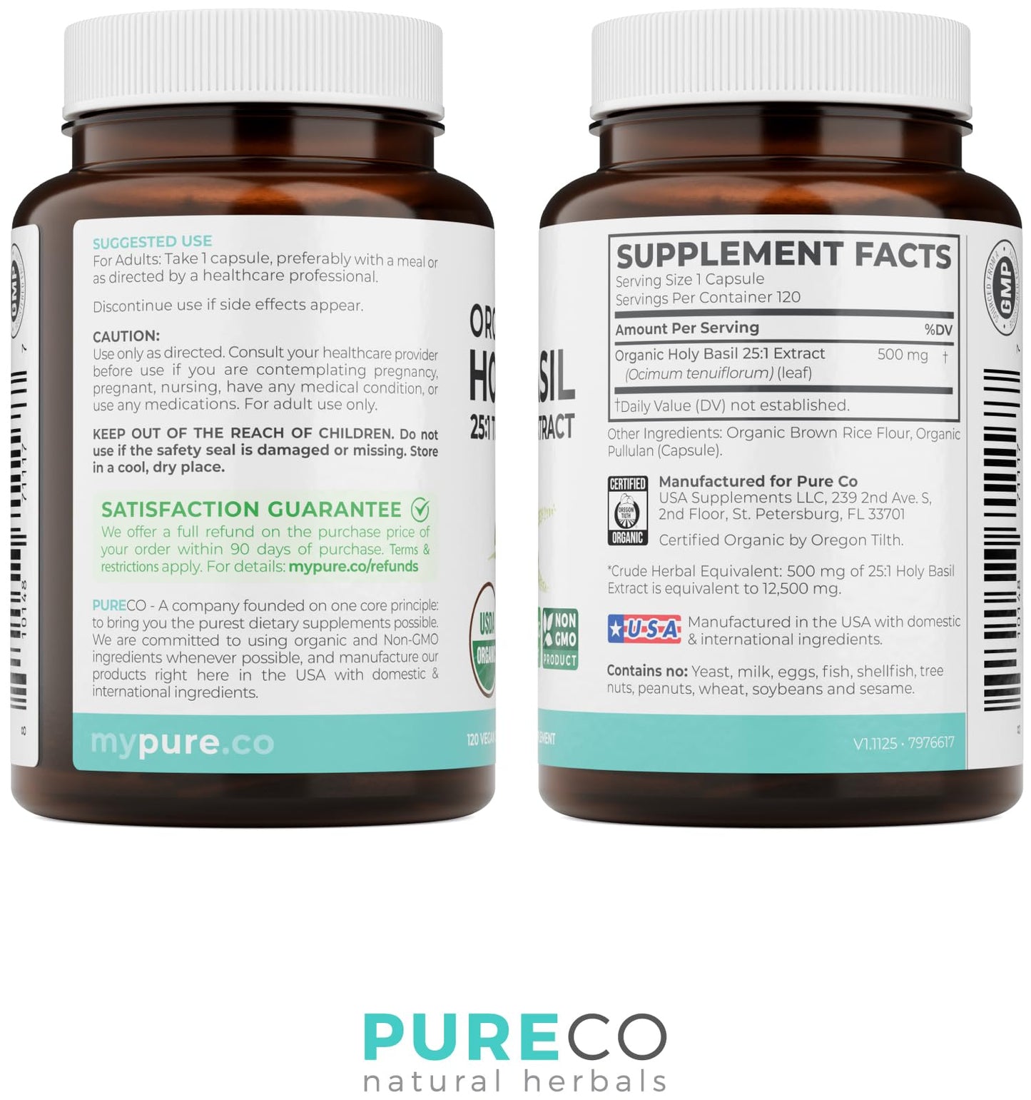 PURE CO USDA Organic Holy Basil Supplement – High Potency Organic Holy Basil 500mg 25:1 Extract 1 Capsule Per Serving – High Strength Tulsi Extract – 60 Vegan Capsules – Non-GMO & Made in USA