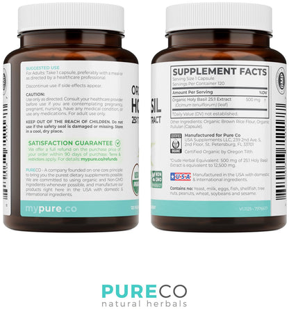 PURE CO USDA Organic Holy Basil Supplement – High Potency Organic Holy Basil 500mg 25:1 Extract 1 Capsule Per Serving – High Strength Tulsi Extract – 60 Vegan Capsules – Non-GMO & Made in USA