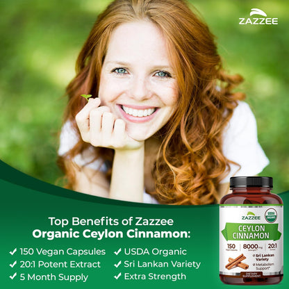 Zazzee USDA Organic Ceylon Cinnamon 20:1 Extract, 150 Vegan Capsules, 5 Month Supply, Sri Lankan Variety, Cinnamomum Verum, Antioxidant & Metabolic Support, All-Natural, Non-GMO, Made in the USA