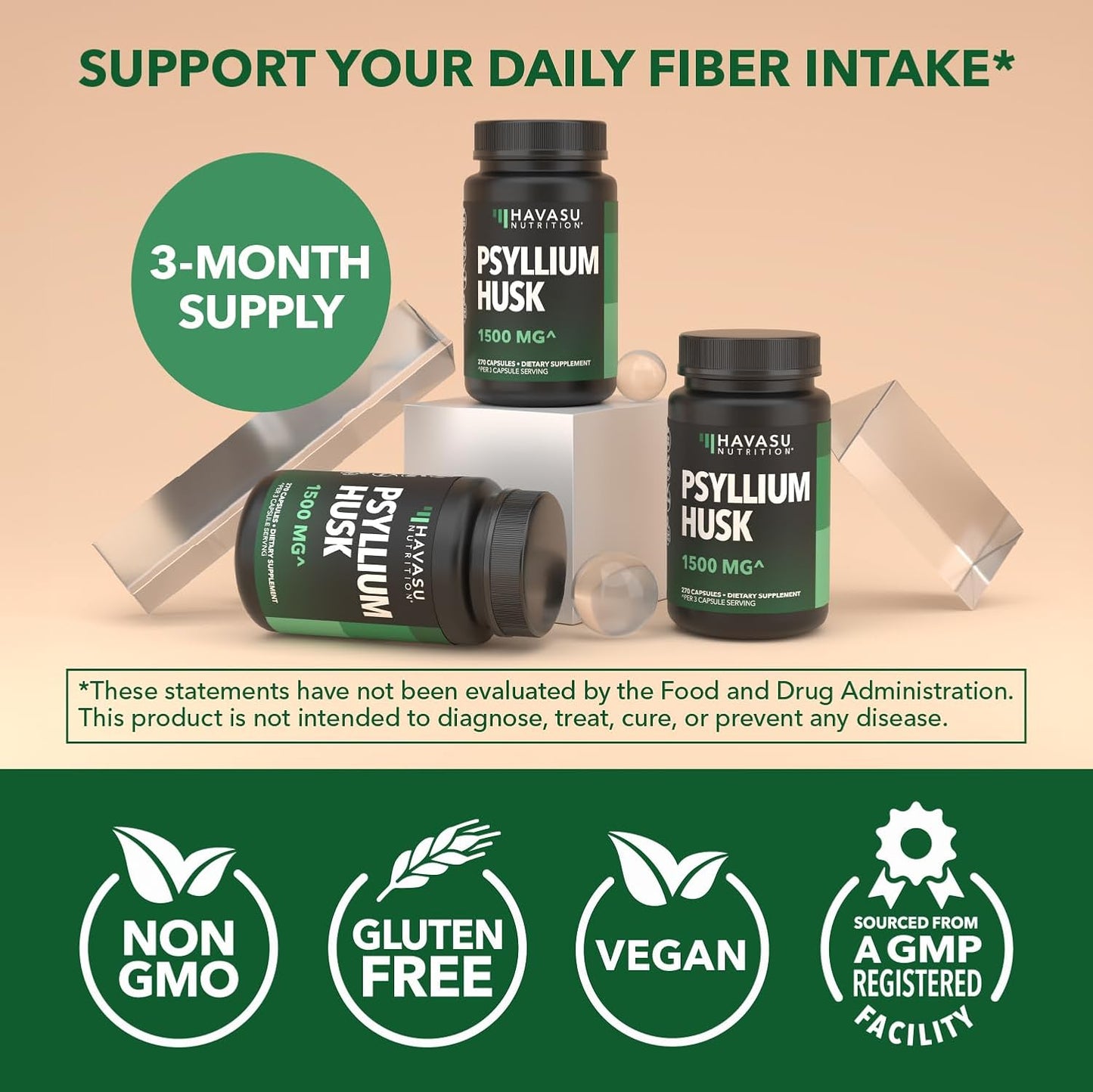 Vegan Psyllium Husk Fiber Capsules, GLP-1 Nutritional Support, 270 Pills | Psyllium Fiber Supplement Capsules for Digestive Health Regularity, Non-GMO Gluten Free & 3rd Party Tested, 90 Servings