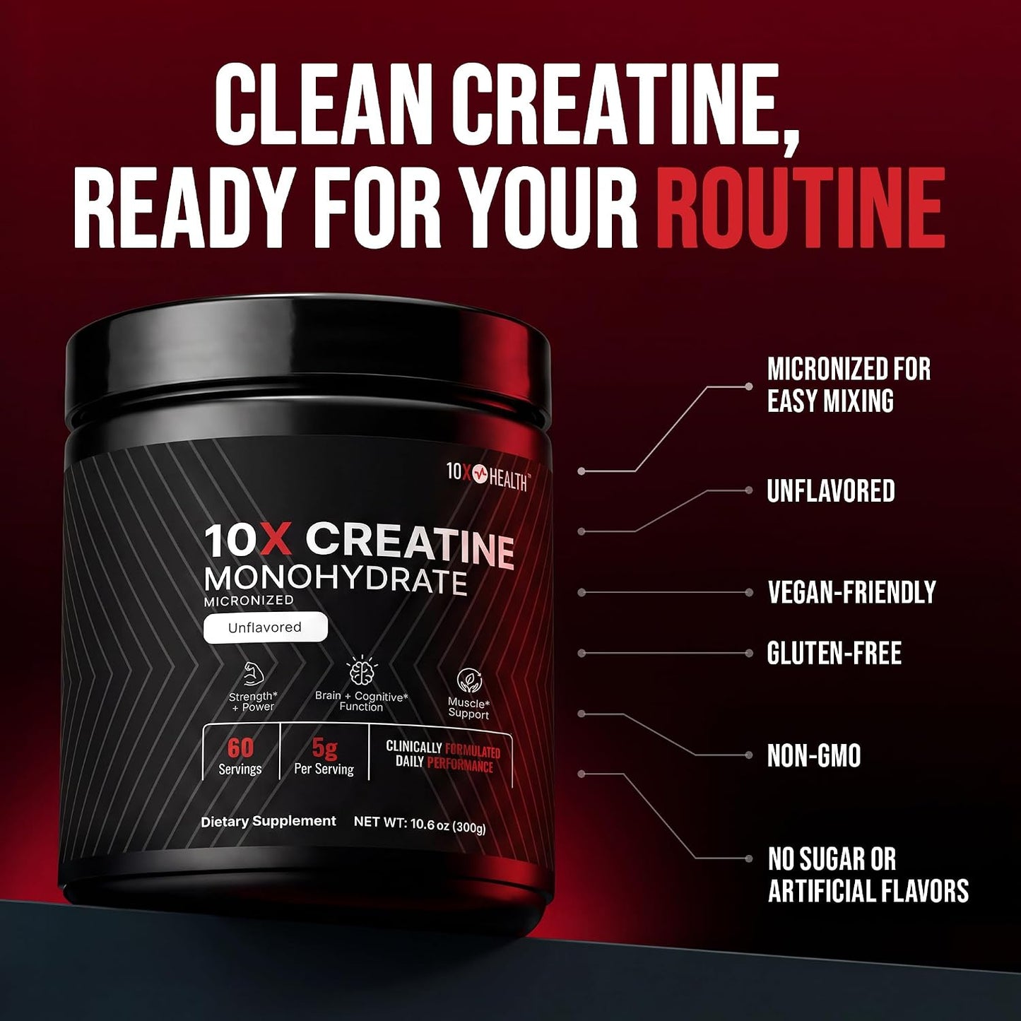 10X Creatine Monohydrate Powder - Micronized Creatine Supplement for Strength, Recovery & Cognitive Performance Support - Vegan, Unflavored, 60 Servings
