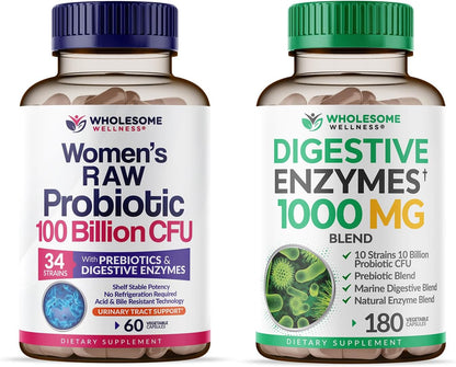 Wholesome Wellness Dr. Formulated Raw Probiotics for Women 100 Billion CFUs + Digestive Enzymes 1000MG Plus Prebiotics & Probiotics Supplement Bundle