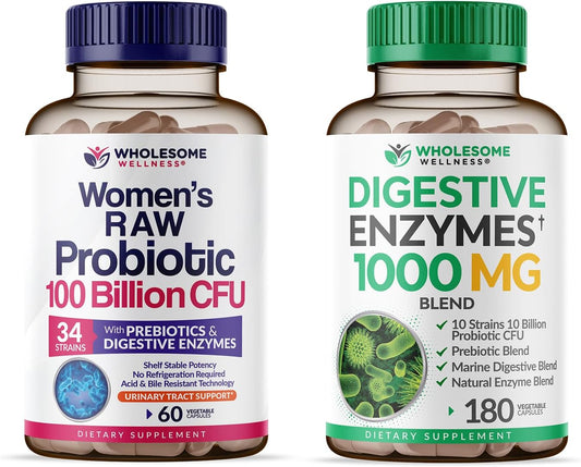 Wholesome Wellness Dr. Formulated Raw Probiotics for Women 100 Billion CFUs + Digestive Enzymes 1000MG Plus Prebiotics & Probiotics Supplement Bundle