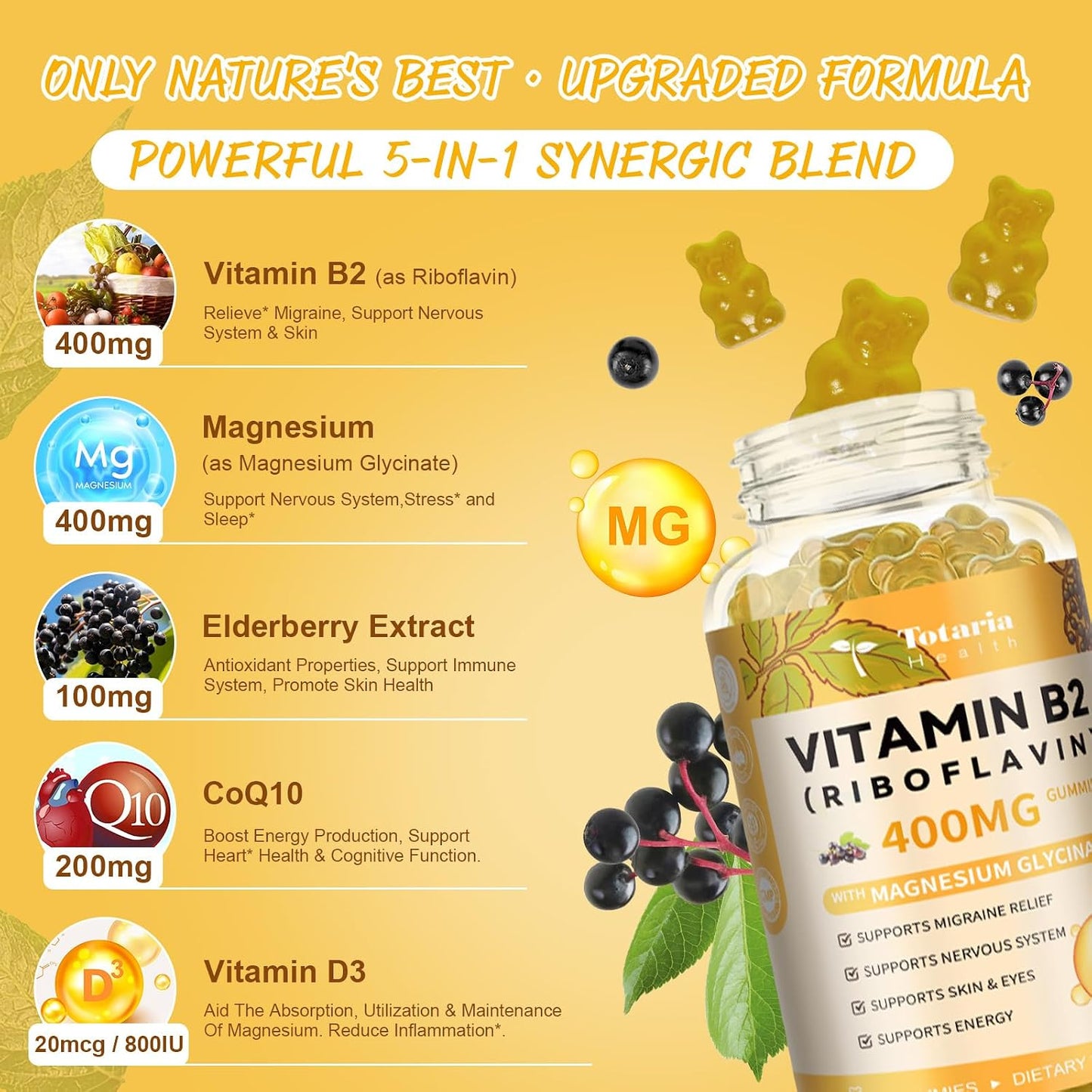 Totaria Vitamin B2 Gummies, Sugar Free Riboflavin 400mg Supplement for Adults & Kids with Magnesium Glycinate 400mg, COQ10 & Elderberry, Skin & Nervous System Support, Non-GMO, 60 Gummies