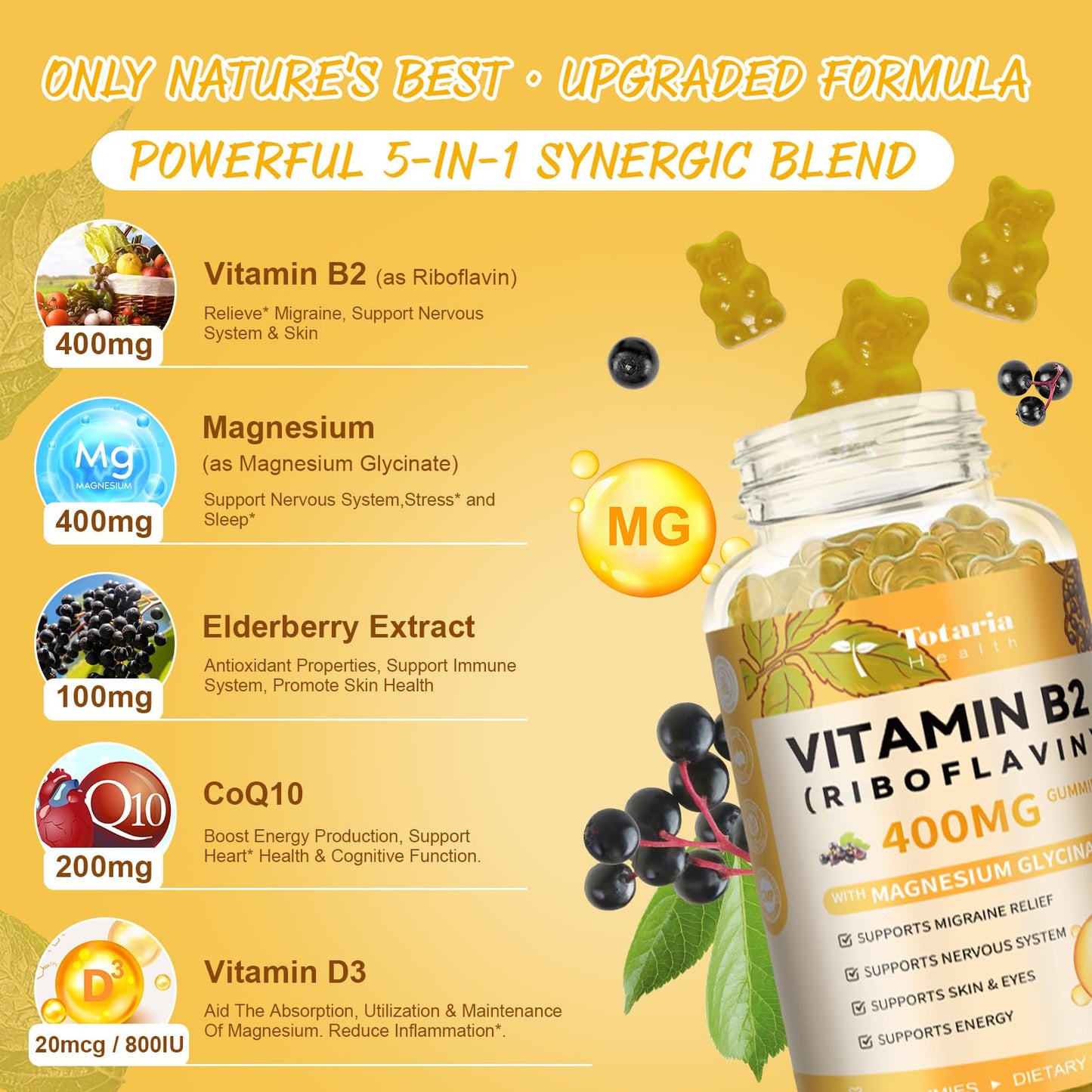 Totaria Vitamin B2 Gummies, Sugar Free Riboflavin 400mg Supplement for Adults & Kids with Magnesium Glycinate 400mg, COQ10 & Elderberry, Skin & Nervous System Support, Non-GMO, 60 Gummies