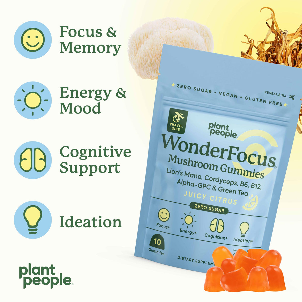 Plant People WonderFocus Mushroom Gummies with Lion’s Mane & Cordyceps 60ct