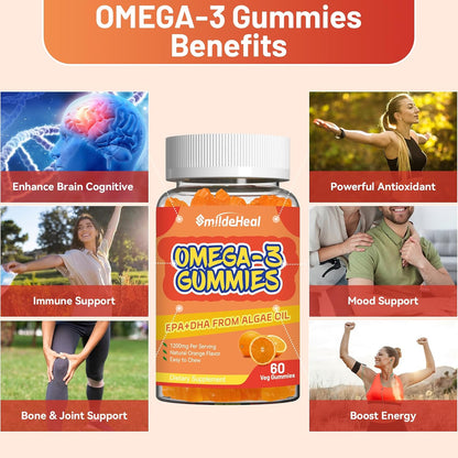 Omega 3 Gummies Supplement 1000mg, High Absorption DHA & EPA, Heart, Brain & Joint Support, Extra Strength Fish Oil Omega 3 Gummies Vitamins, 60 Count
