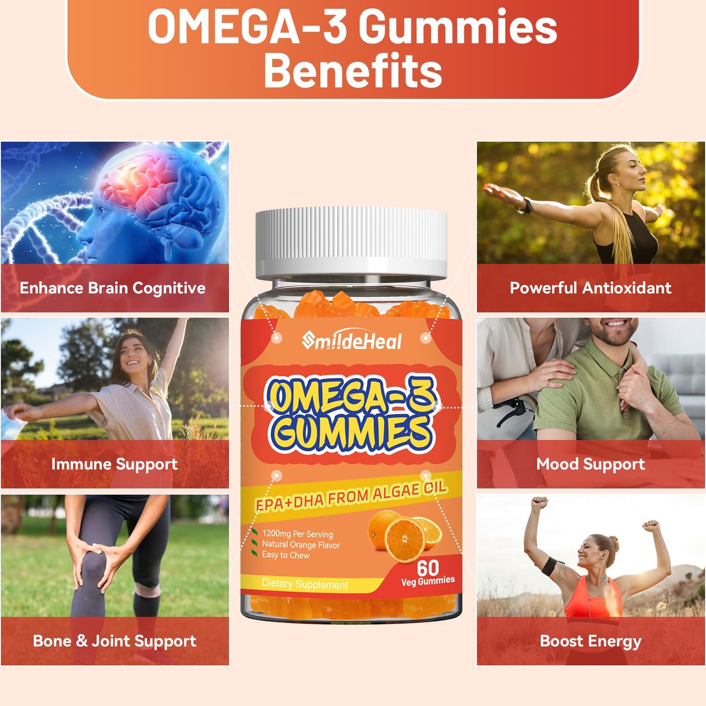 Omega 3 Gummies Supplement 1000mg, High Absorption DHA & EPA, Heart, Brain & Joint Support, Extra Strength Fish Oil Omega 3 Gummies Vitamins, 60 Count