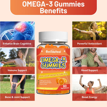 Omega 3 Gummies Supplement 1000mg, High Absorption DHA & EPA, Heart, Brain & Joint Support, Extra Strength Fish Oil Omega 3 Gummies Vitamins, 60 Count